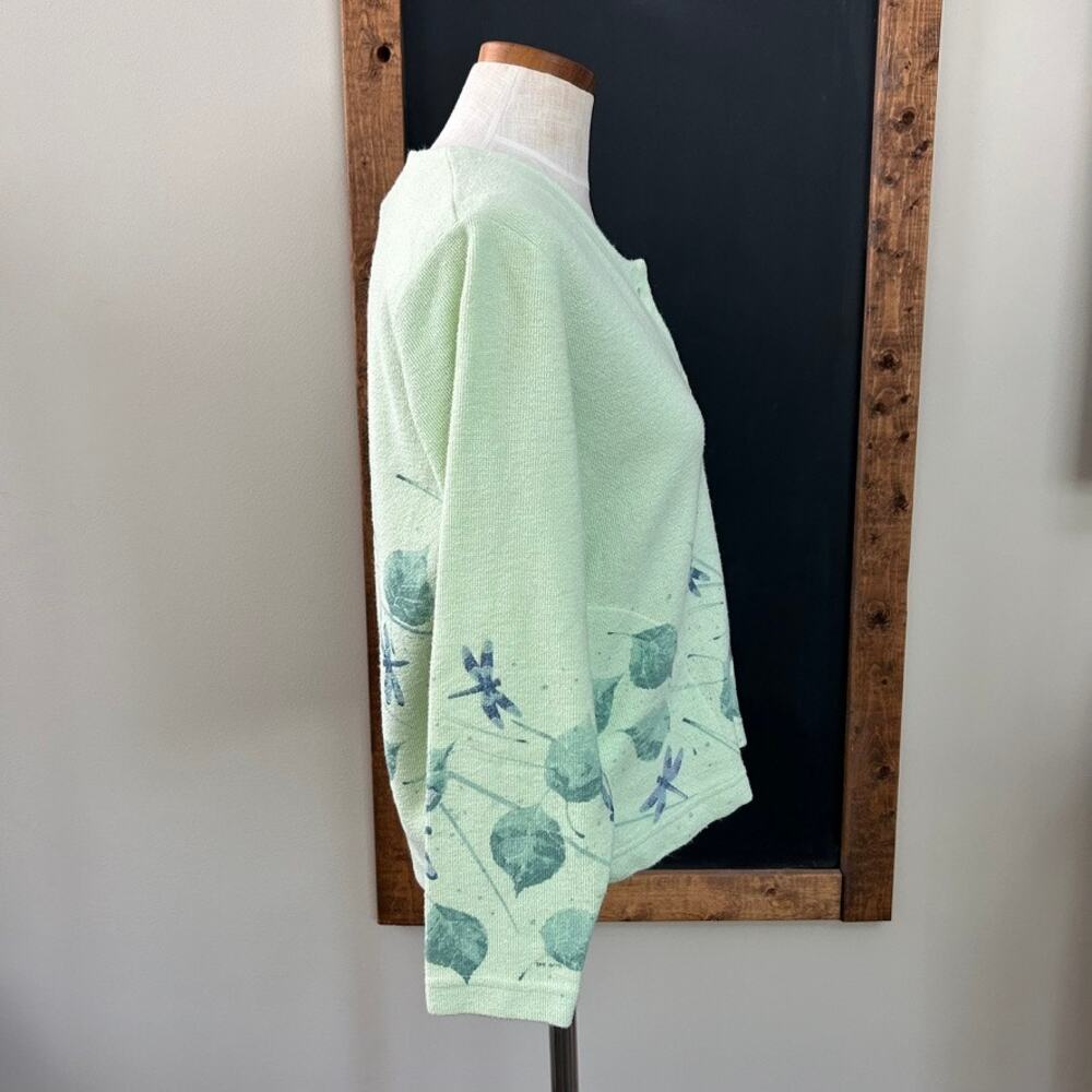 Vtg Artisans Screen Print Dragonfly Cardigan S Sage Green Botanical USA Cotton - Picture 9 of 10